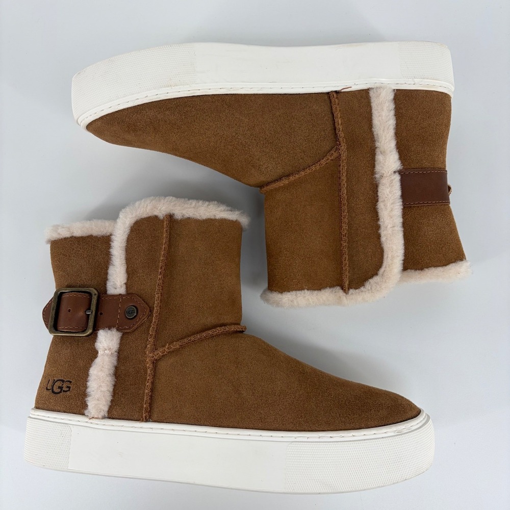 UGG Aika Sneaker Boots Womens 8 Chestnut Suede Shearling Buckle Platform 1104069 - Picture 3 of 11